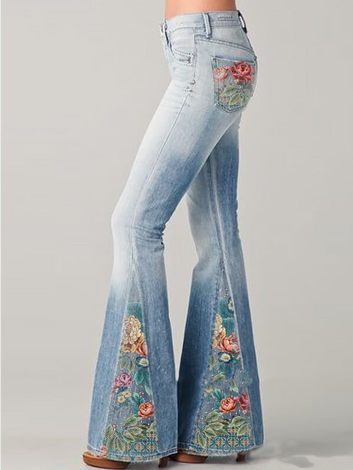 Spodnie jeansowe dzwony z nadrukiem w kwiaty w stylu vintage - stylowe spodnie jeansowe damskie