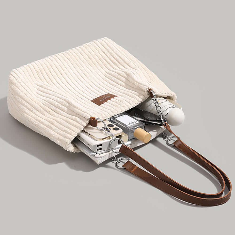 Damska torba typu tote z prążkowanego materiału – stylowa torba na ramię z regulowanym paskiem na co dzień