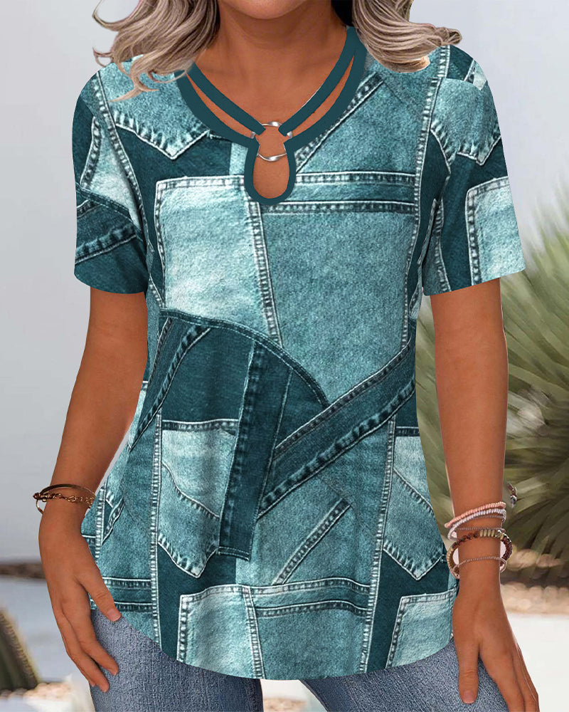 Bluzka vintage denim kontrastowe wycięcie