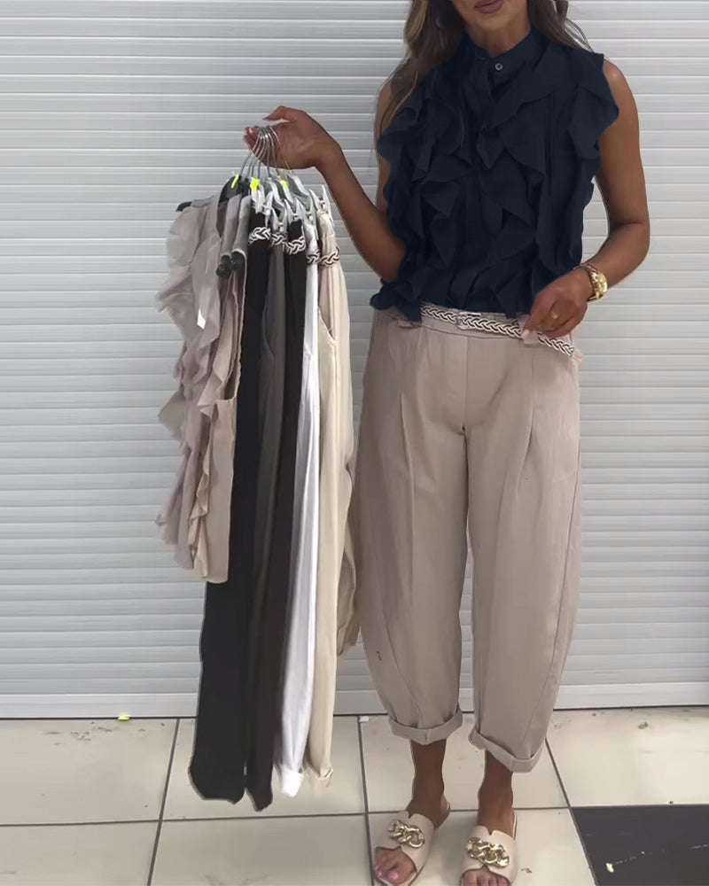 Top bez rękawów z falbanką i nadrukiem