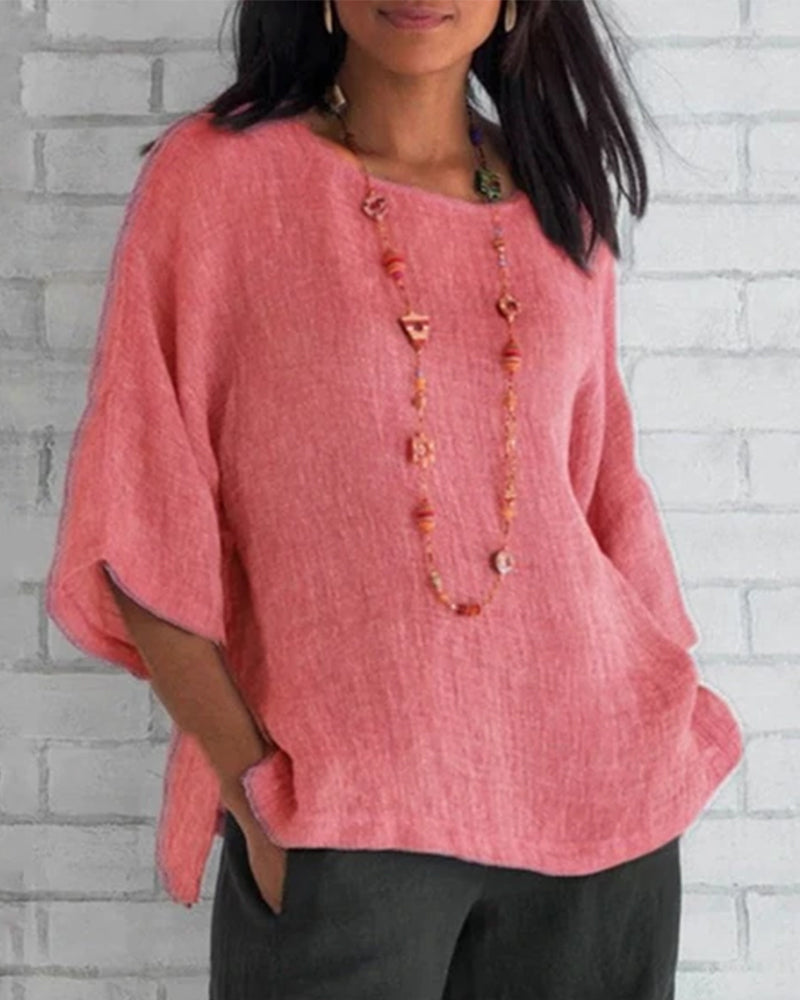 Gładki top z okrągłym dekoltem i rękawami 3/4