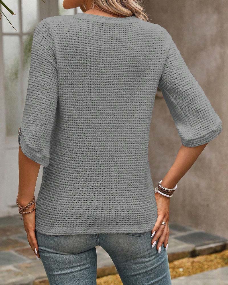 Top o strukturze wafla, gładki, okrągły dekolt