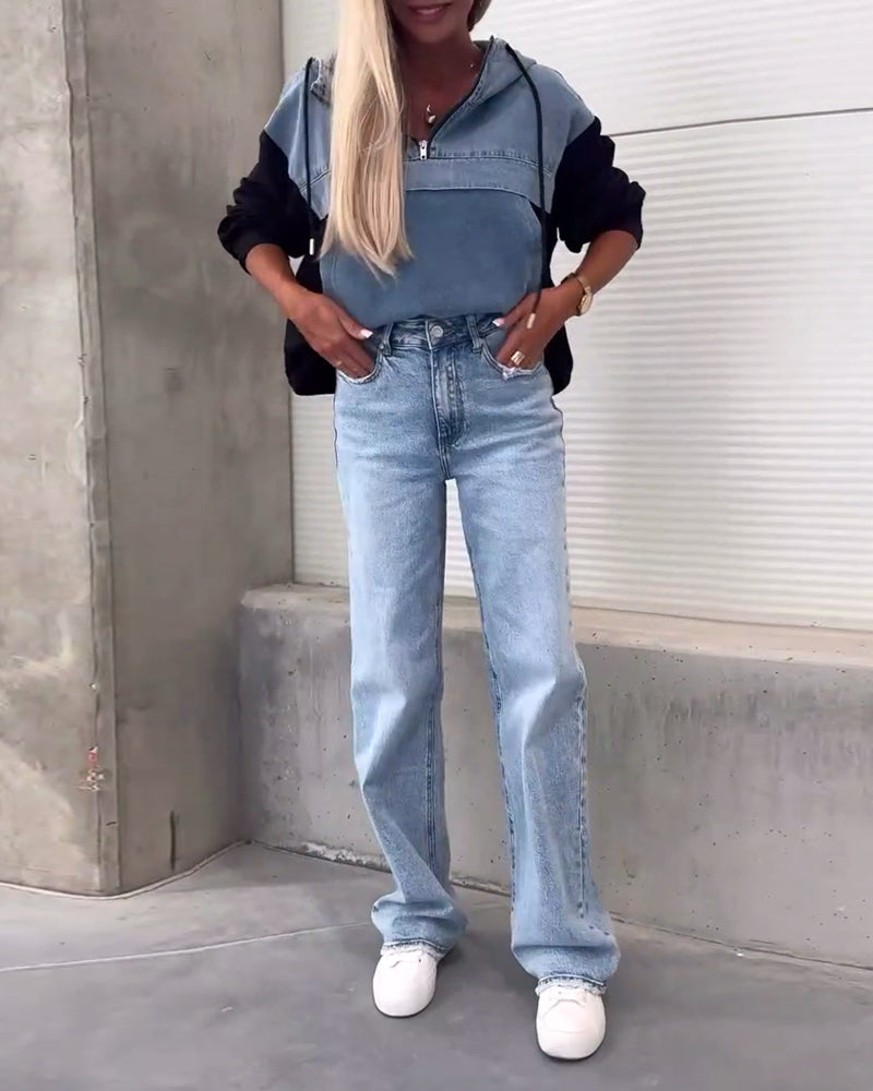 Luźna, dżinsowa, patchworkowa bluza z kapturem i zamkiem błyskawicznym