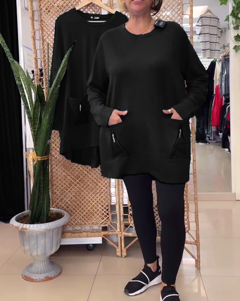 Bluza z okrągłym dekoltem, jednolitym kolorem, kieszenią na zamek