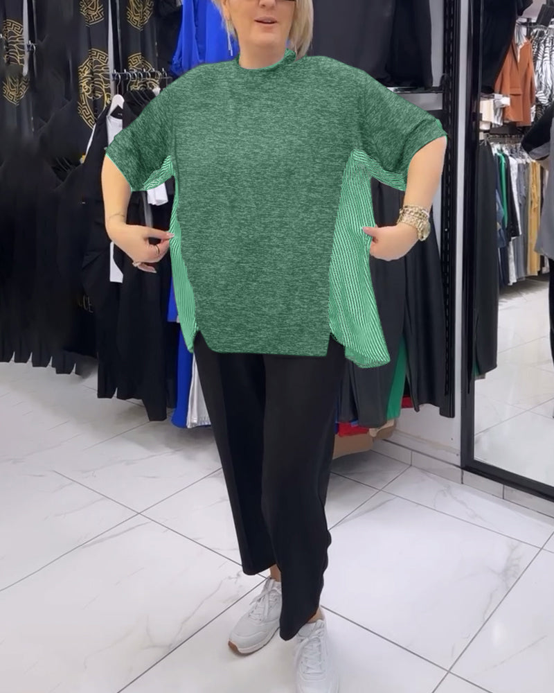 Luźna bluzka z patchworkiem i prążkami