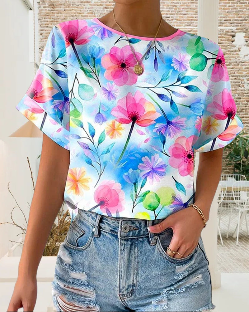 Bluzka z nadrukiem, okrągły dekolt, krótkie rękawy