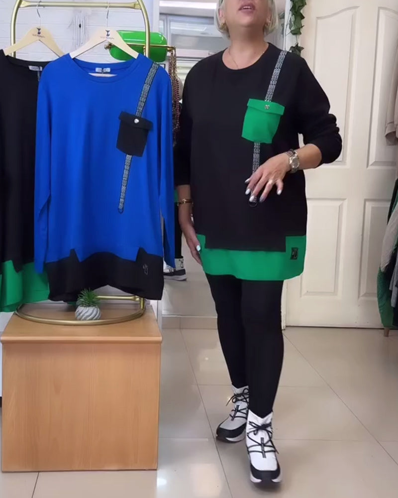 Luźna bluza z okrągłym dekoltem, kieszeniami i kontrastowymi kolorami