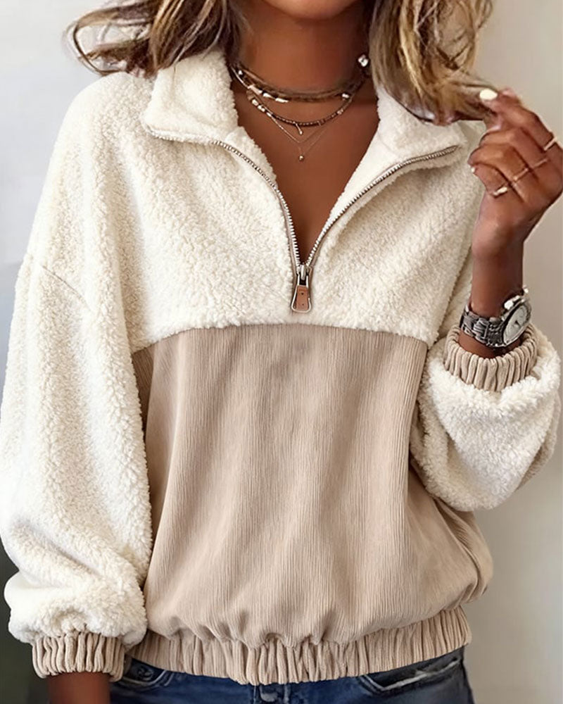 Bluza z zamkiem błyskawicznym do połowy, kołnierzem z klapami i kontrastowym kolorem