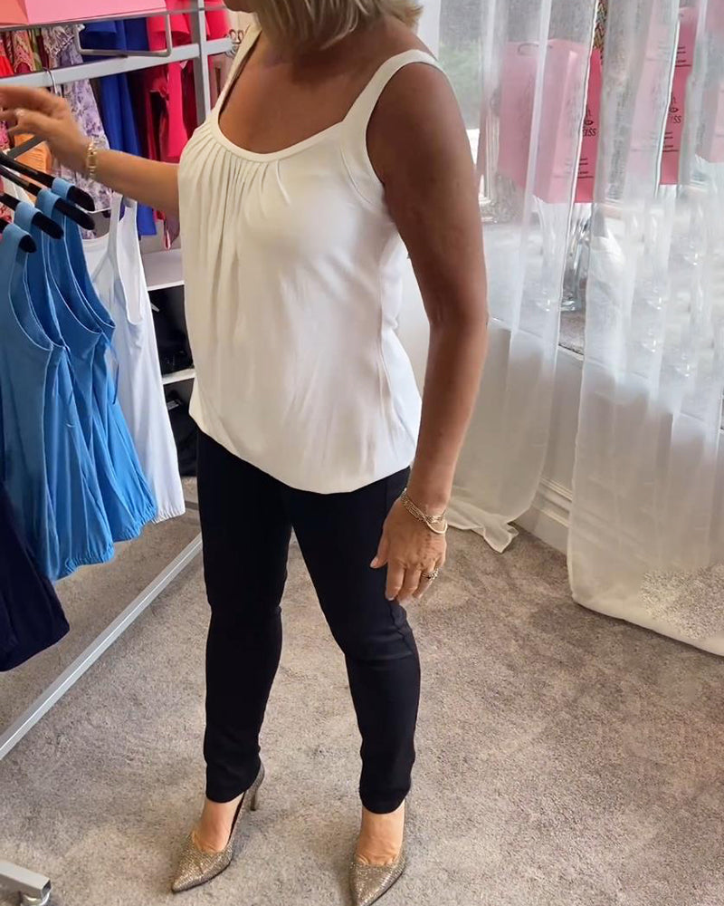 Luźny top bez rękawów z zakładkami i jednolitym kolorem