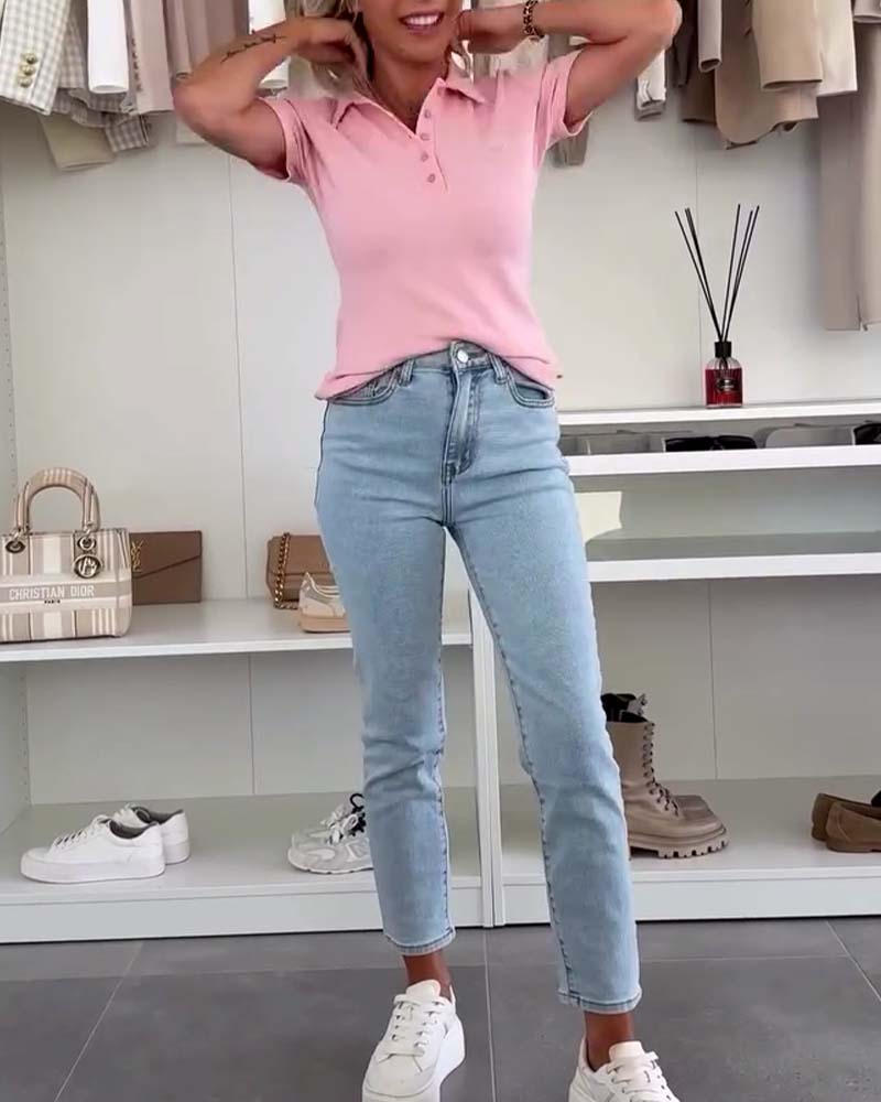 Koszulka polo z klapami w jednolitym kolorze, dopasowana do sylwetki