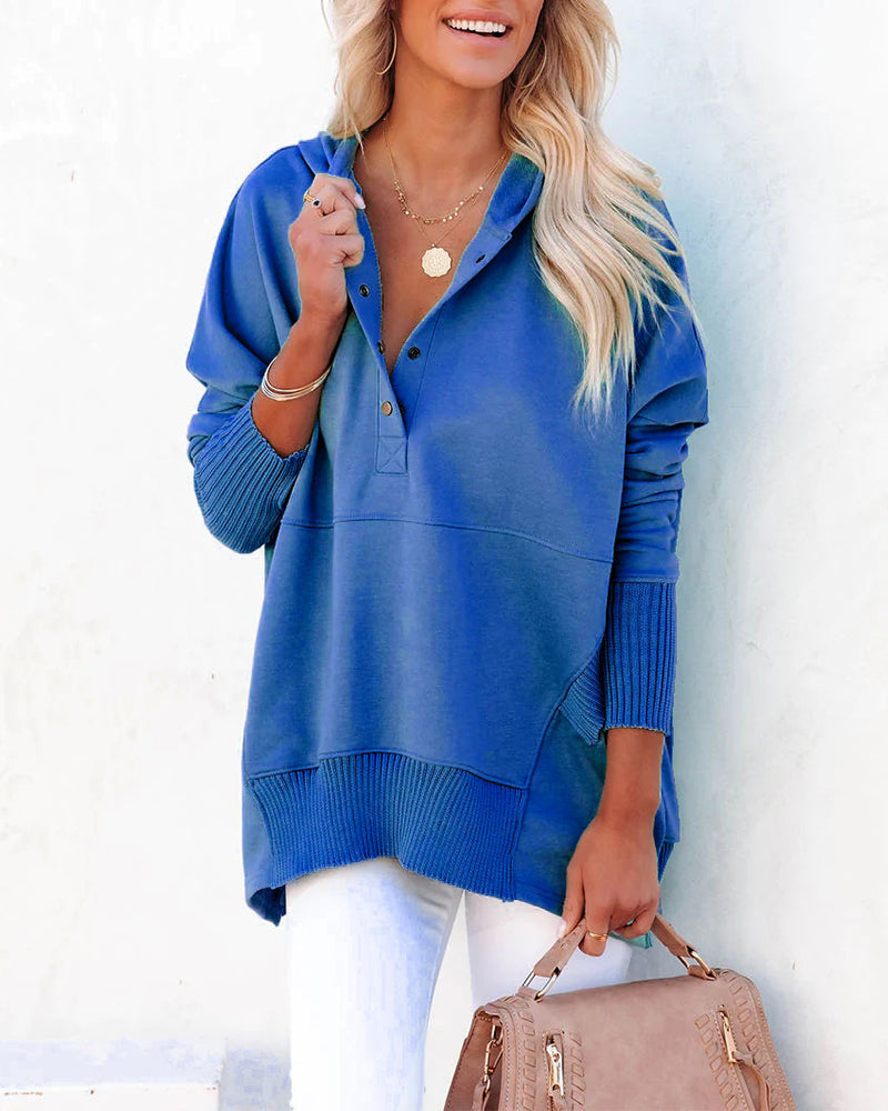 Bluza casualowa z dekoltem w serek, kapturem, jednolitym kolorem, luźna