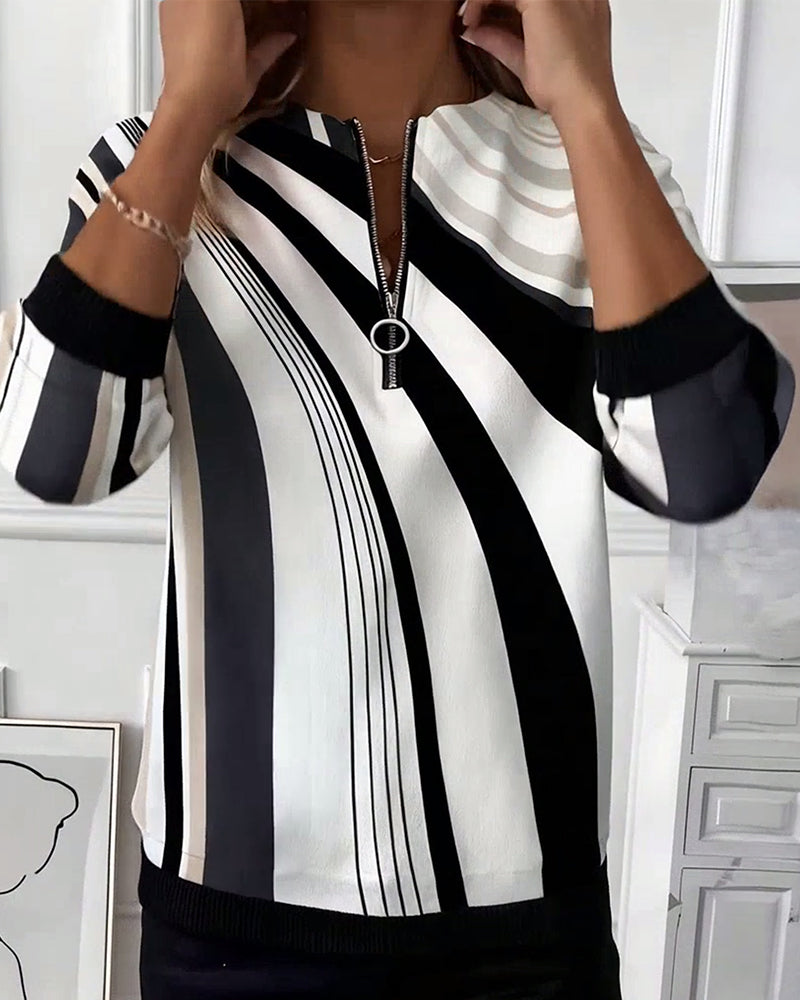 Koszulka swobodna z zamkiem błyskawicznym i geometrycznym nadrukiem