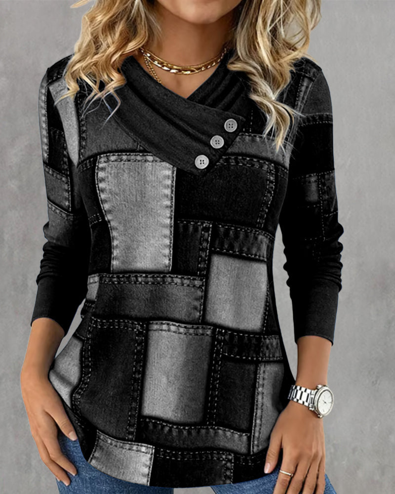 Bluzka z długim rękawem, dekoltem w serek i jednolitym kontrastem