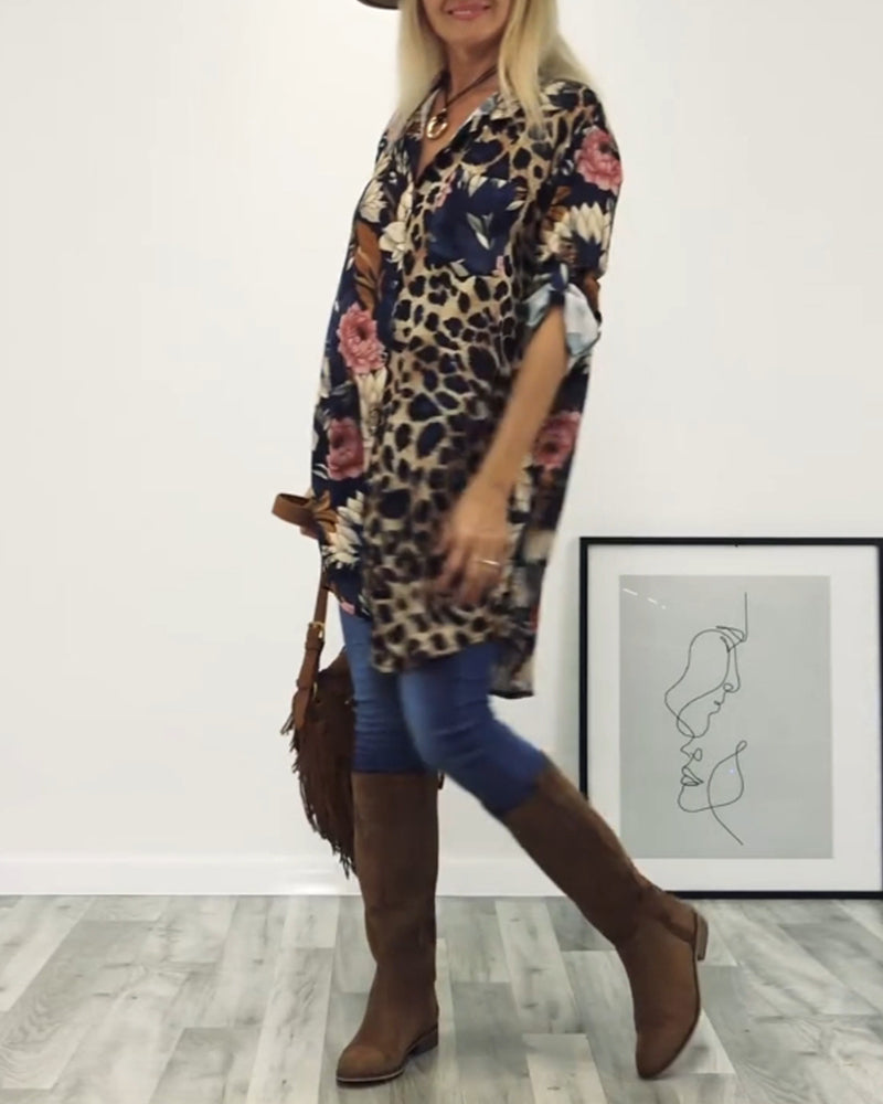 Koszula z klapami, patchworkiem i nadrukiem w panterkę