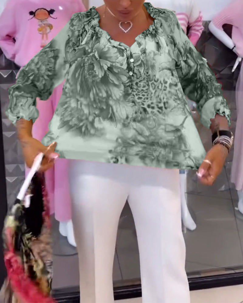 Bluzka z dekoltem w serek i nadrukiem kwiatowym