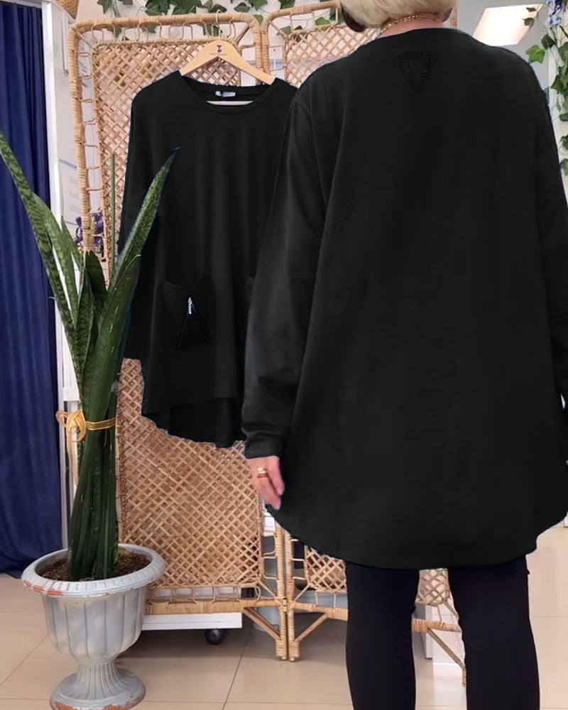 Bluza z okrągłym dekoltem, jednolitym kolorem, kieszenią na zamek