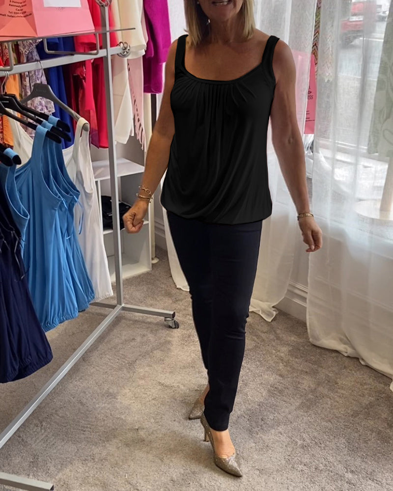 Luźny top bez rękawów z zakładkami i jednolitym kolorem