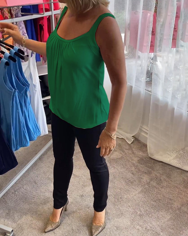 Luźny top bez rękawów z zakładkami i jednolitym kolorem