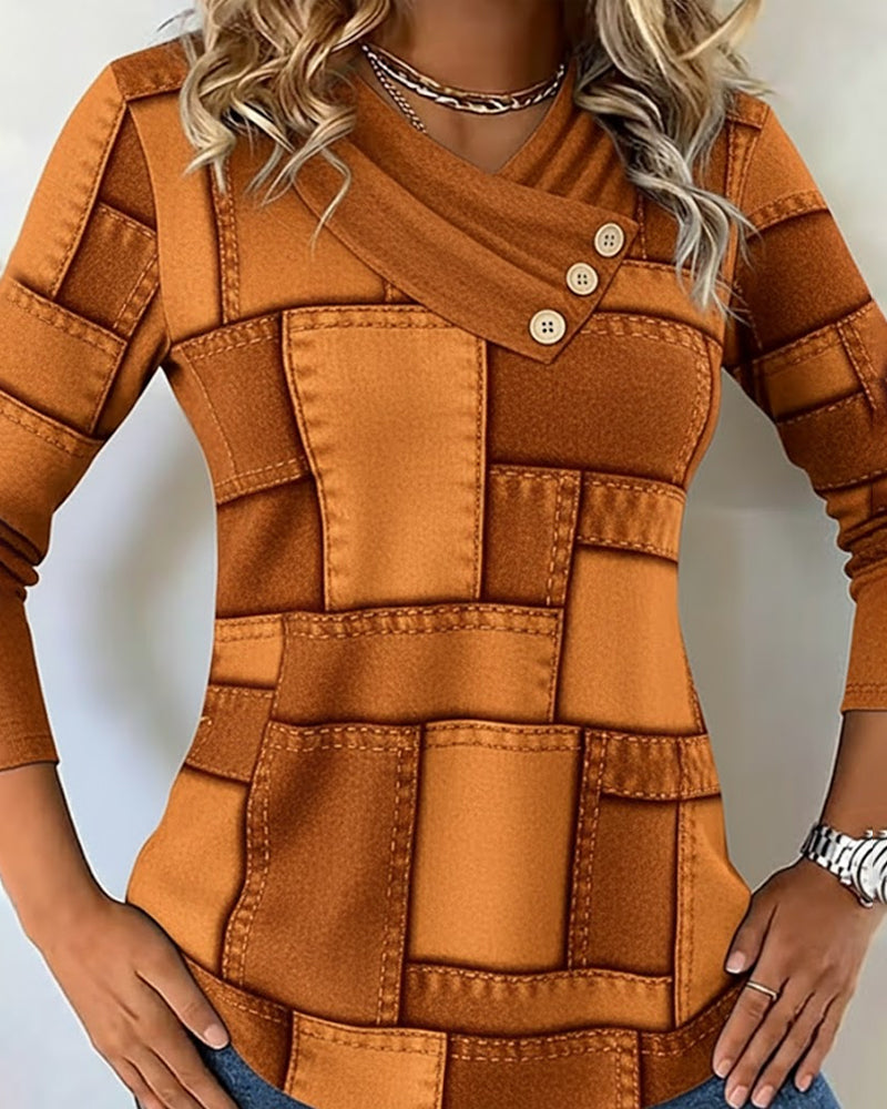 Bluzka z długim rękawem, dekoltem w serek i jednolitym kontrastem