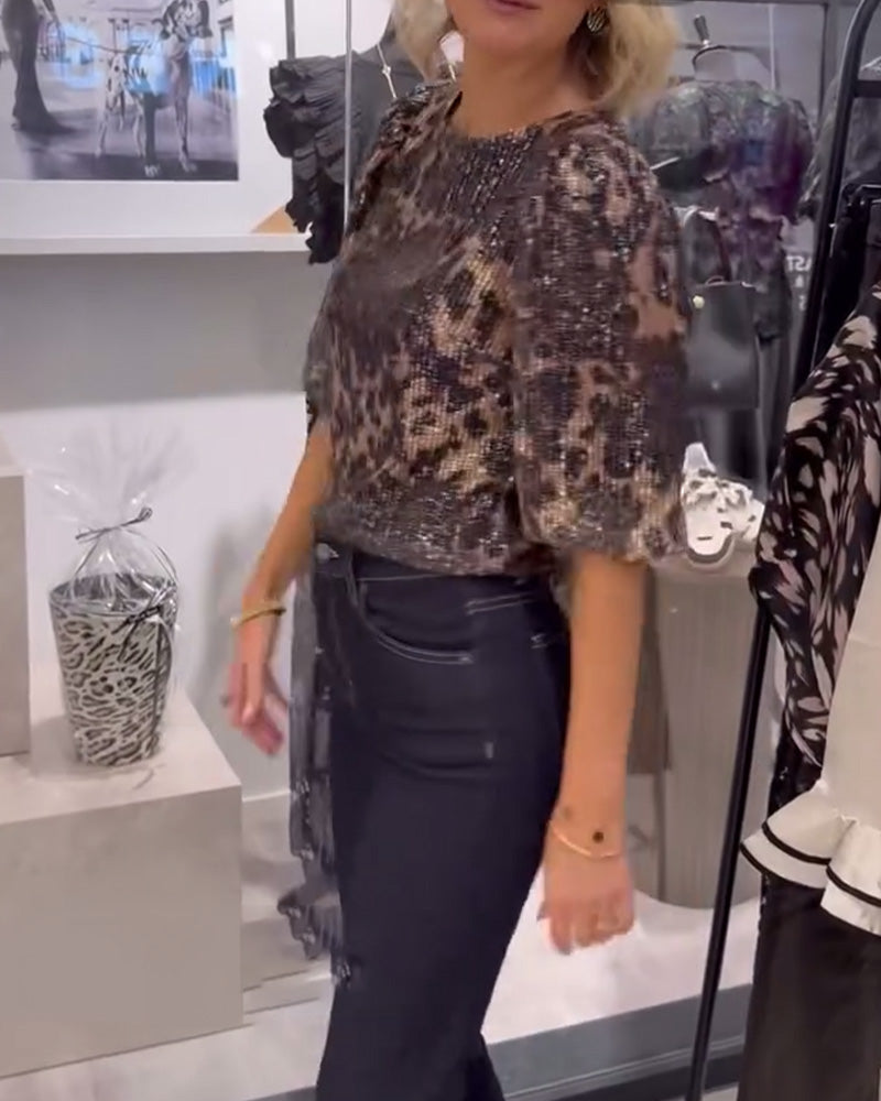 Bluzka z rękawami typu lampart, cekinami i nadrukiem w panterkę