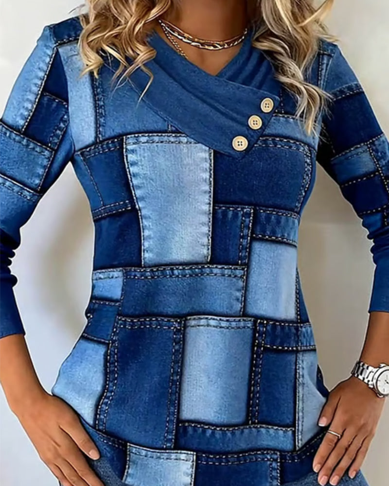 Bluzka z długim rękawem, dekoltem w serek i jednolitym kontrastem