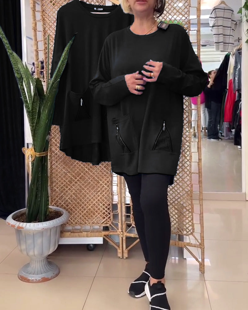 Bluza z okrągłym dekoltem, jednolitym kolorem, kieszenią na zamek