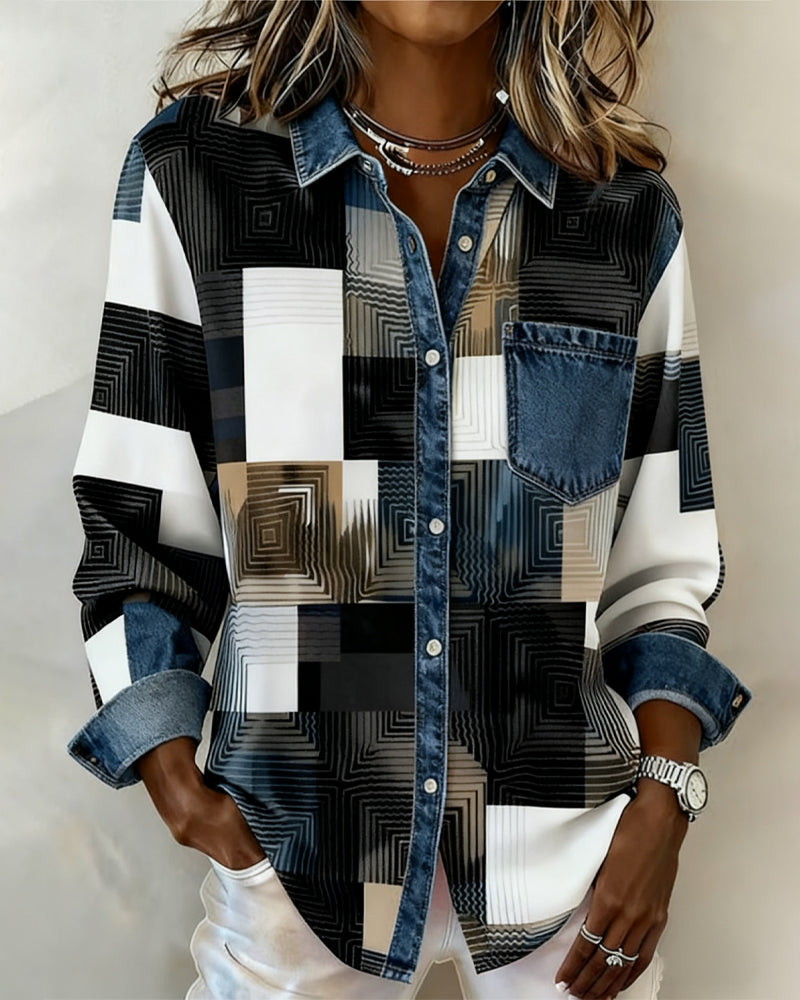 Koszula w bloki kolorów z modnym kołnierzykiem