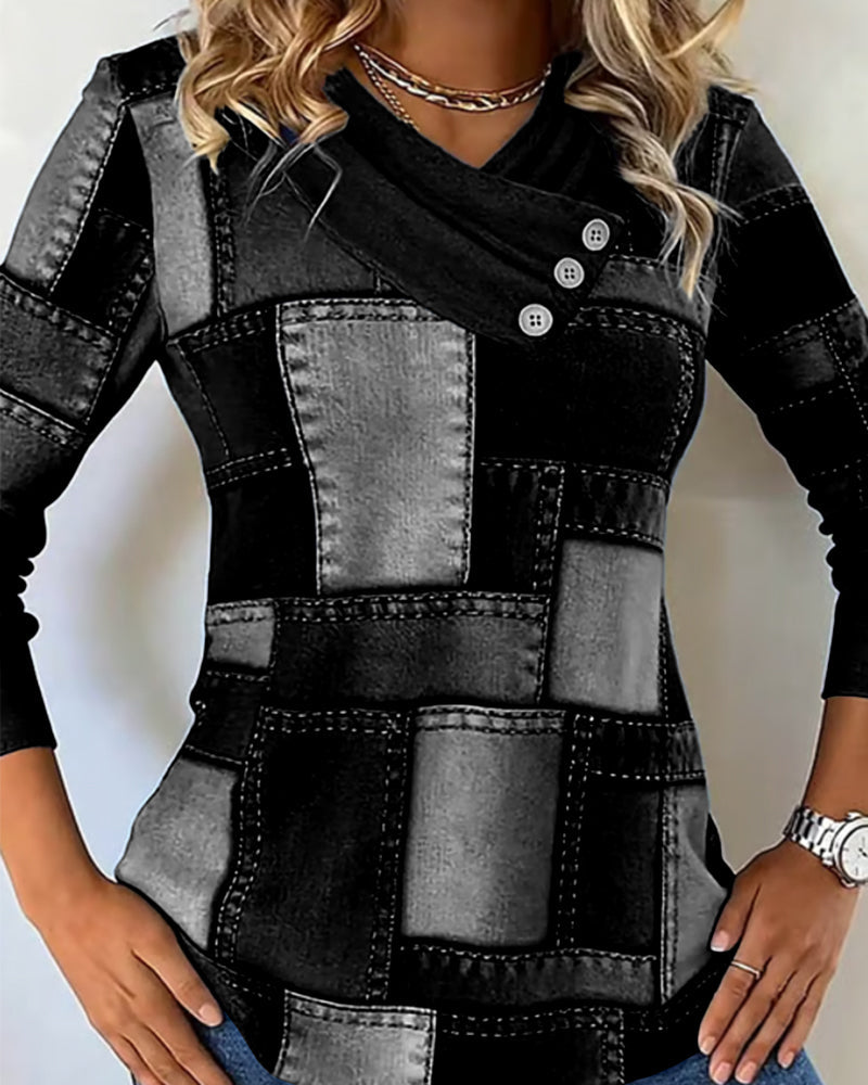 Bluzka z długim rękawem, dekoltem w serek i jednolitym kontrastem