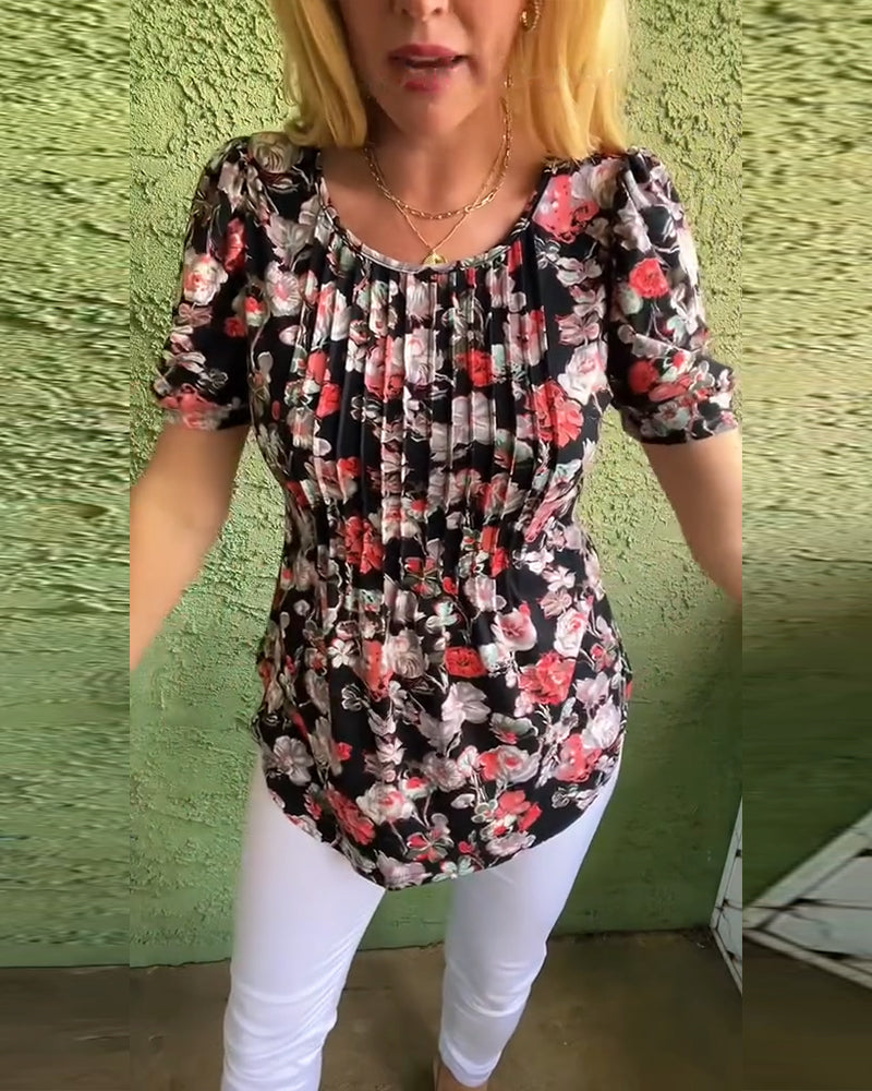 Bluzka Okrągły dekolt Bufiaste rękawy Plisowana Kwiatowy wzór