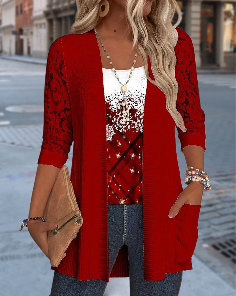 Dzianinowy top z nadrukiem w imitacji dwuczęściowej konstrukcji