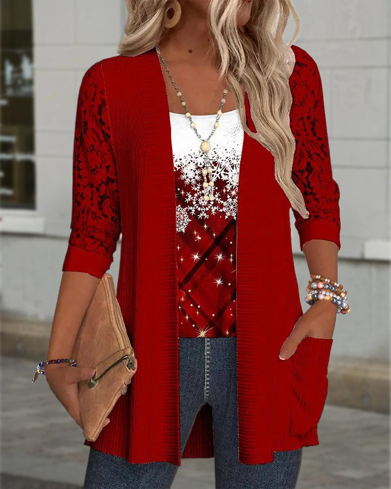 Dzianinowy top z nadrukiem w imitacji dwuczęściowej konstrukcji