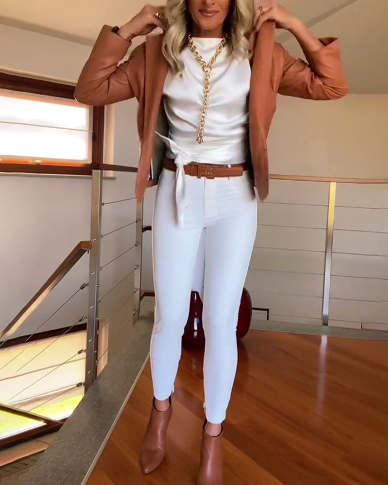 Bezrękawnik plisowany, wiązany, jednolity top