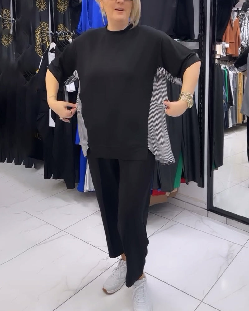 Luźna bluzka z patchworkiem i prążkami