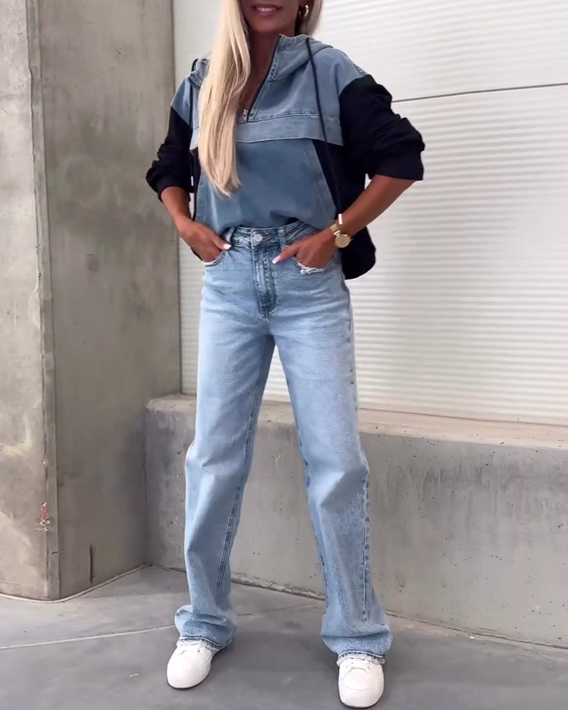 Luźna, dżinsowa, patchworkowa bluza z kapturem i zamkiem błyskawicznym