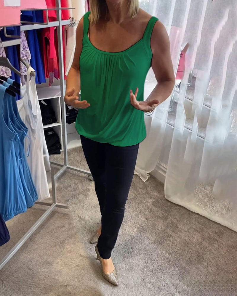 Luźny top bez rękawów z zakładkami i jednolitym kolorem