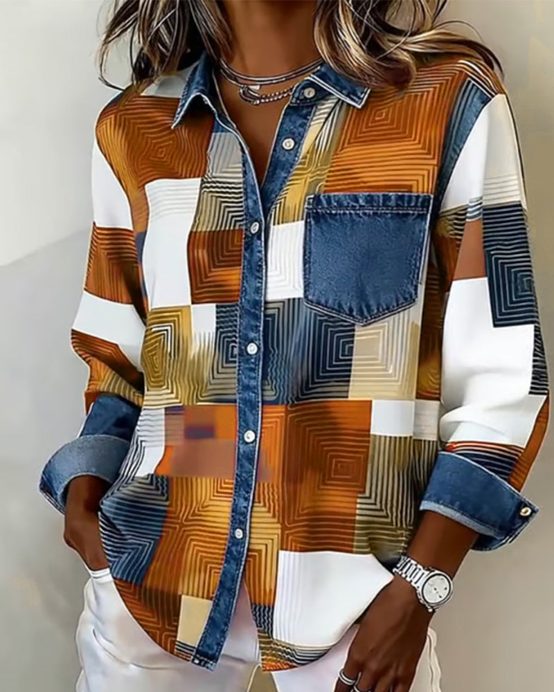 Koszula w bloki kolorów z modnym kołnierzykiem