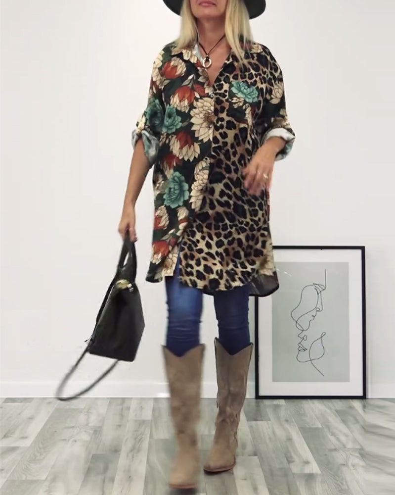 Koszula z klapami, patchworkiem i nadrukiem w panterkę