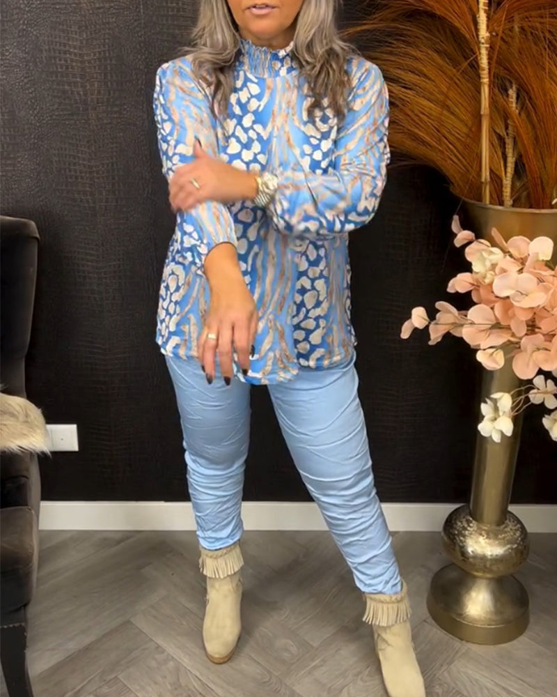 Bluzka z długim rękawem, stójką i nadrukiem