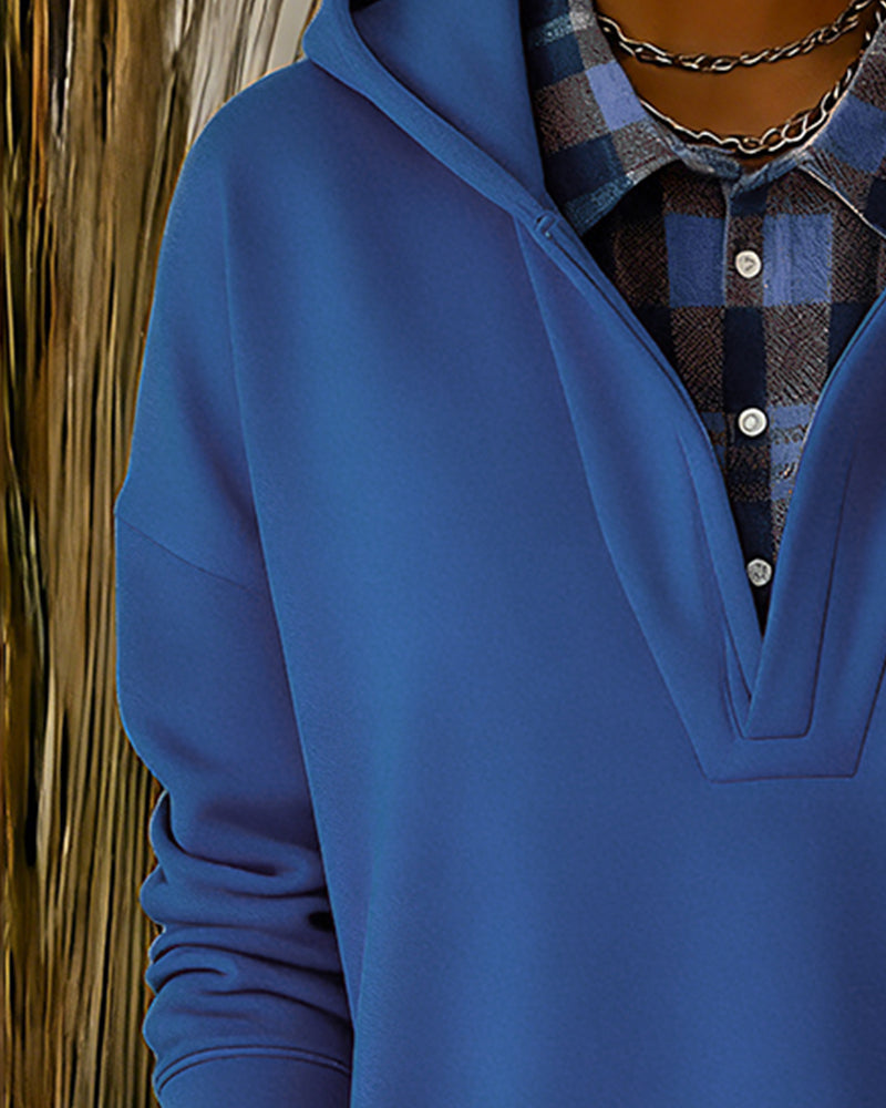 Bluza z kapturem dwuczęściowa w kratkę z imitacją patchworku