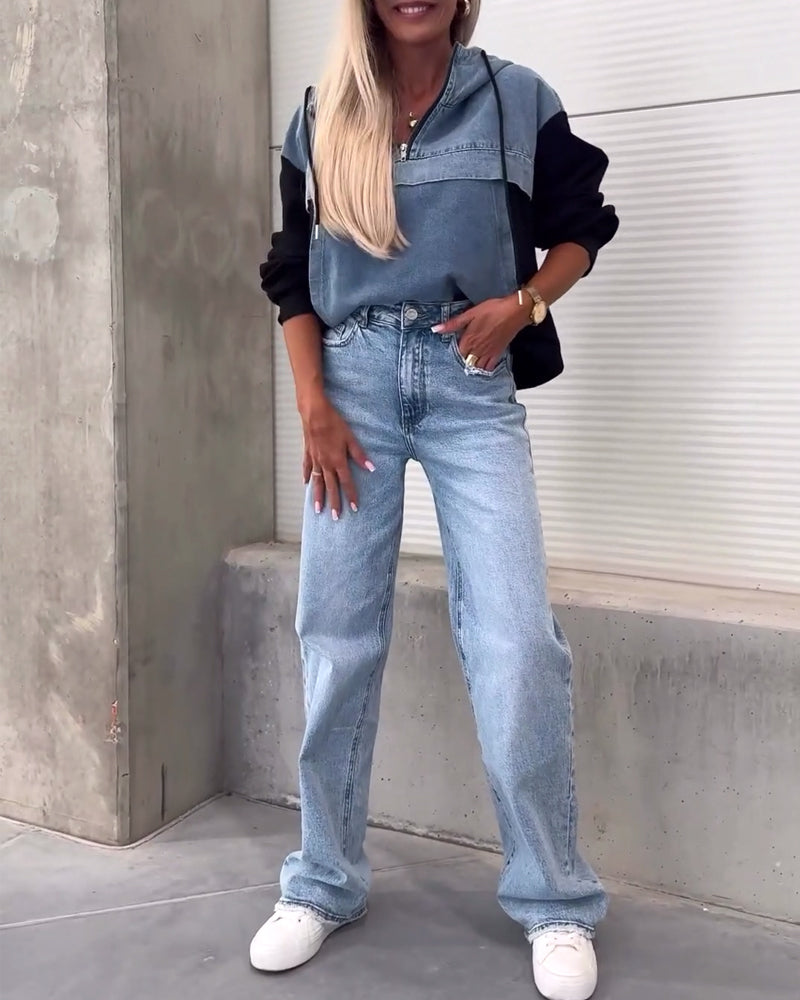 Luźna, dżinsowa, patchworkowa bluza z kapturem i zamkiem błyskawicznym