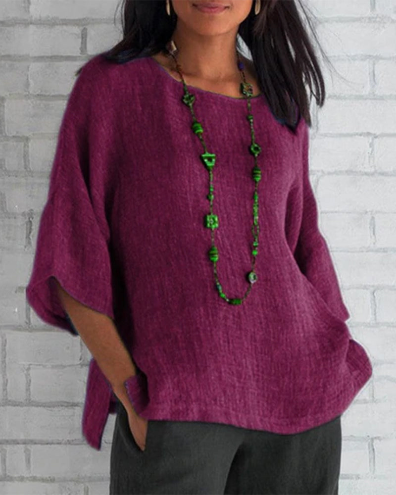 Gładki top z okrągłym dekoltem i rękawami 3/4