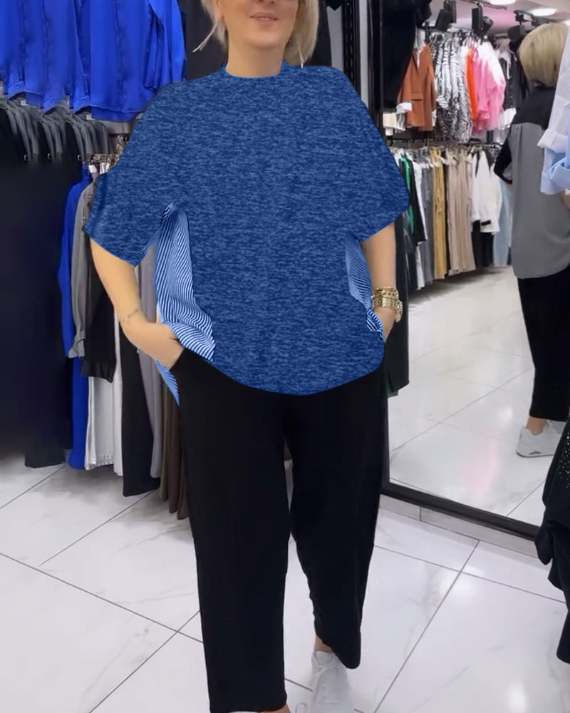 Luźna bluzka z patchworkiem i prążkami