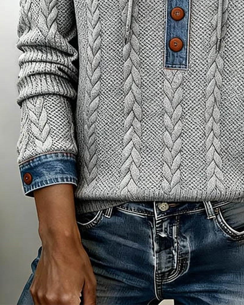 Bluza z kapturem z długim rękawem i blokami kolorów i guzikami