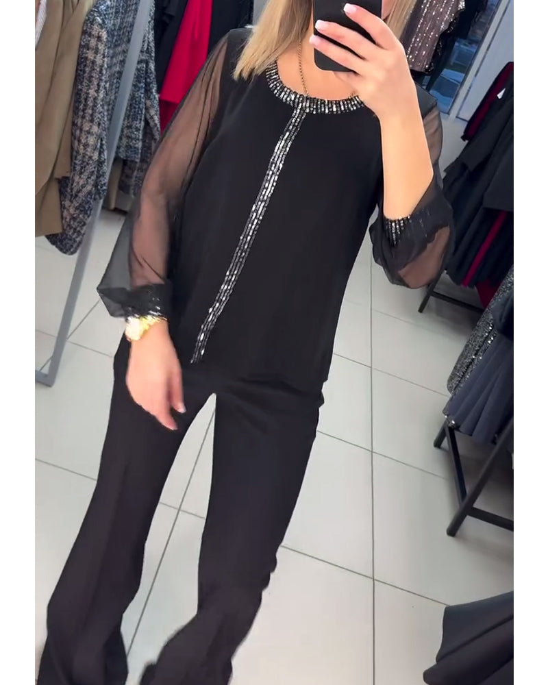 Bluzka z panelem cekinowym i długimi rękawami