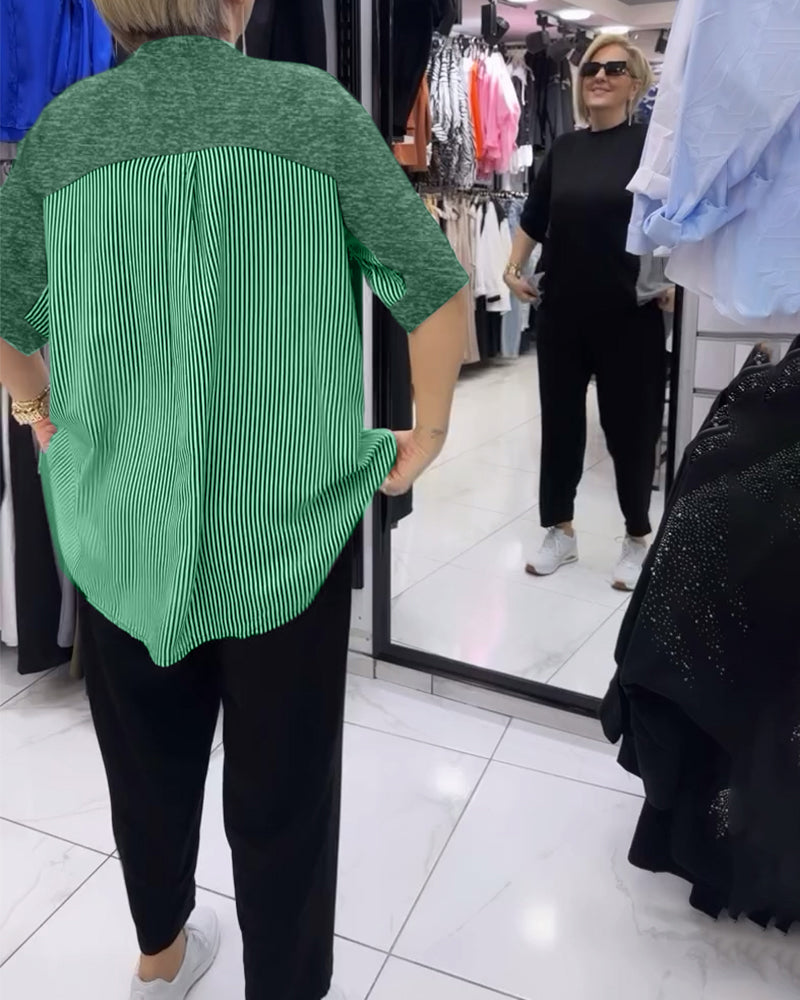 Luźna bluzka z patchworkiem i prążkami