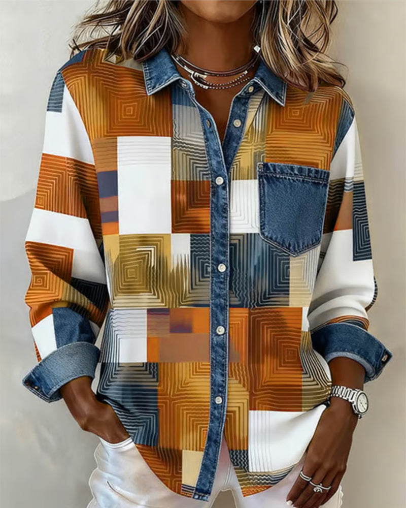 Koszula w bloki kolorów z modnym kołnierzykiem