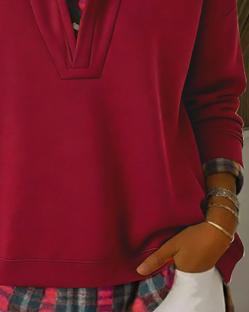 Bluza z kapturem dwuczęściowa w kratkę z imitacją patchworku