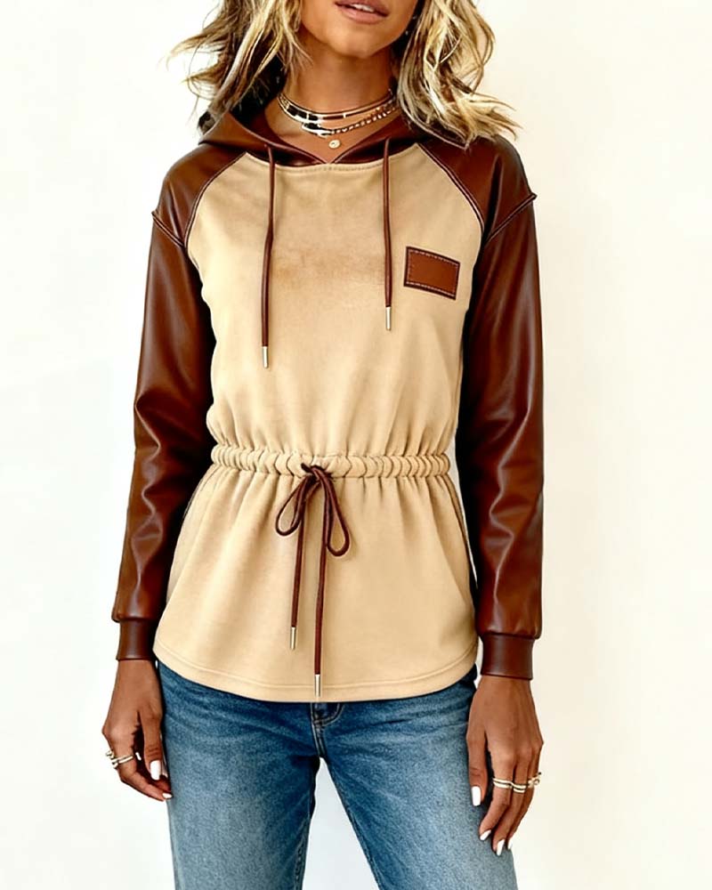 Bluza z długim rękawem i kapturem z patchworku PU