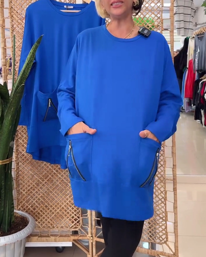 Bluza z okrągłym dekoltem, jednolitym kolorem, kieszenią na zamek