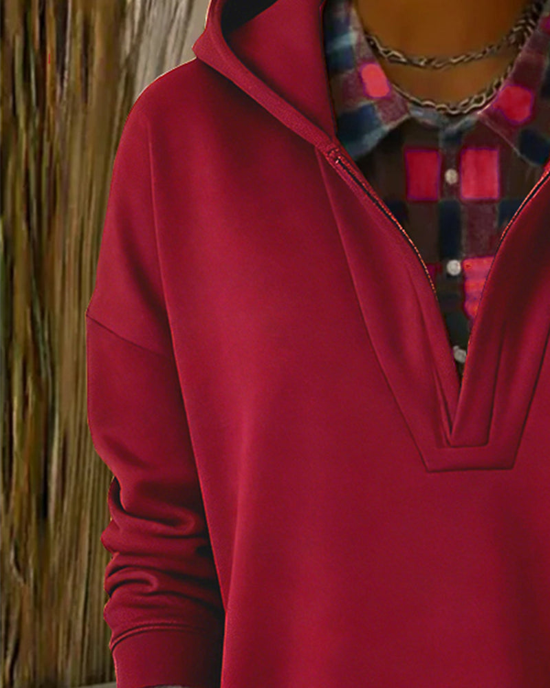 Bluza z kapturem dwuczęściowa w kratkę z imitacją patchworku